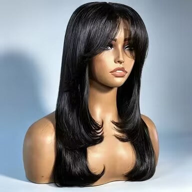 Natural black straight layered wig with curtain bangs