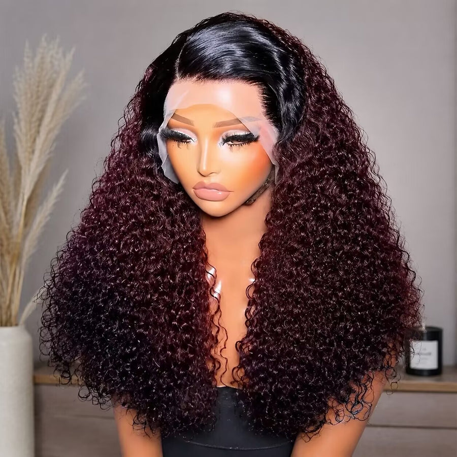 Ombré 99J burgundy curly lace-front wig