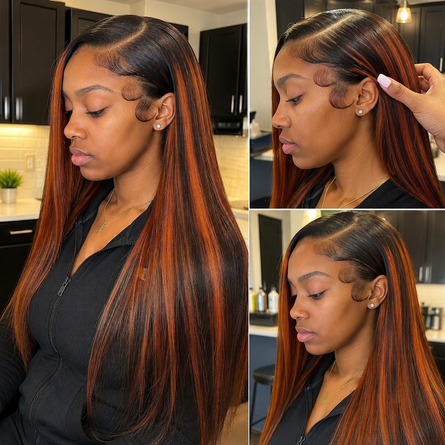 Straight auburn ginger highlighted glueless wig