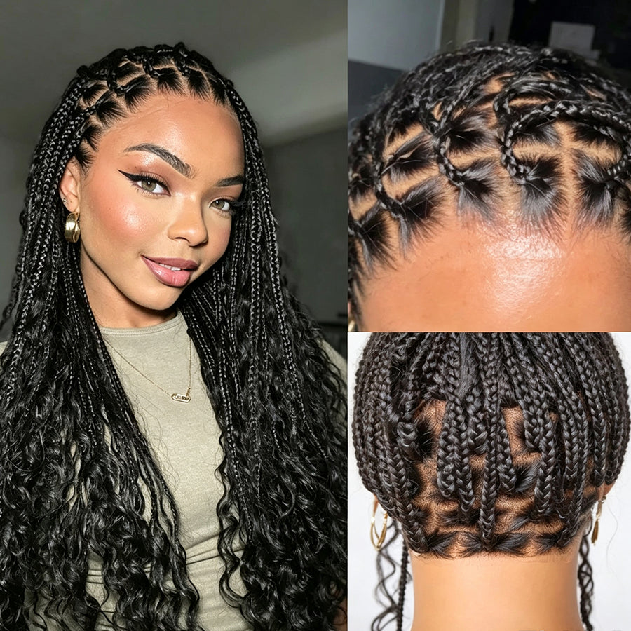 Long natural black full-lace knotless boho curls braided wig