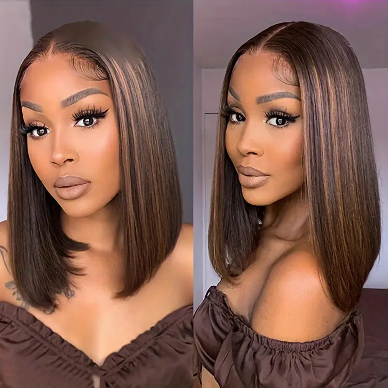 Balayage black and brown straight glueless bob wig