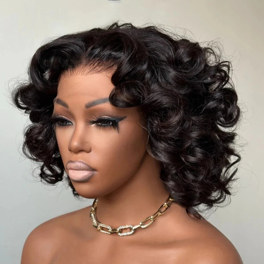 Natural black bouncy loose wave bob lace wig