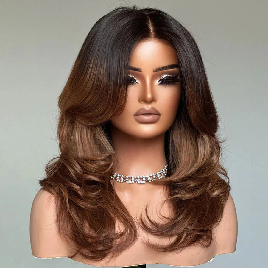Ombré brown layered wig with curtain bangs