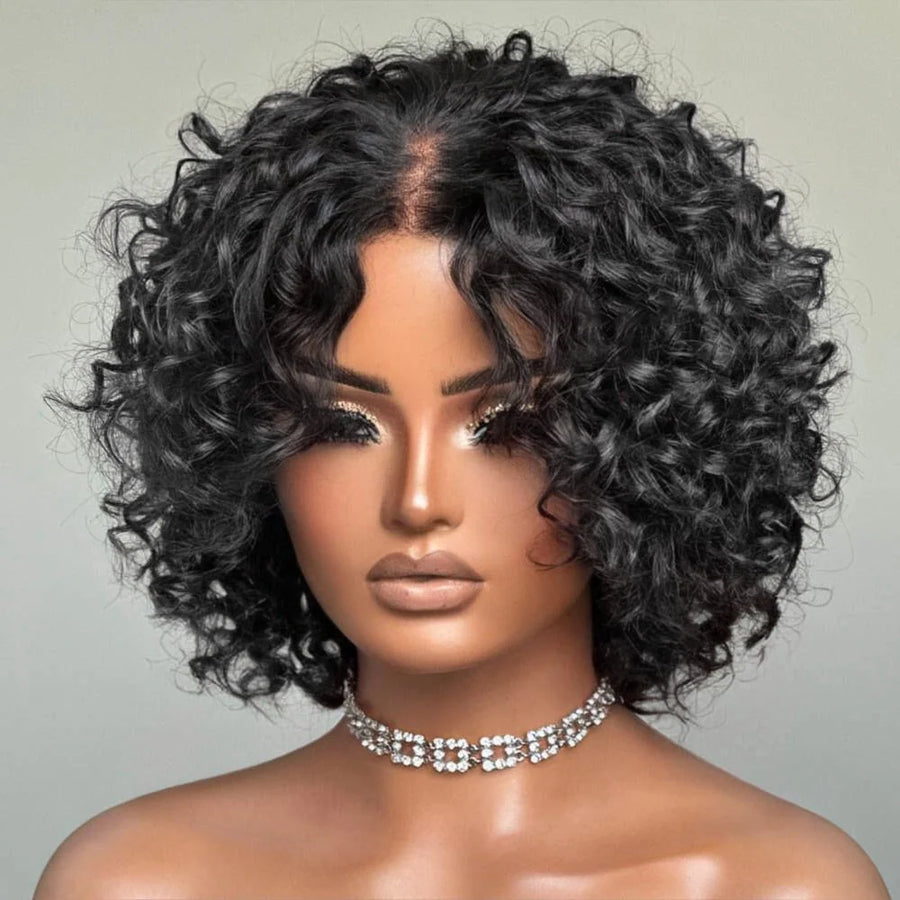 Natural black retro curly pixie lace wig with bangs