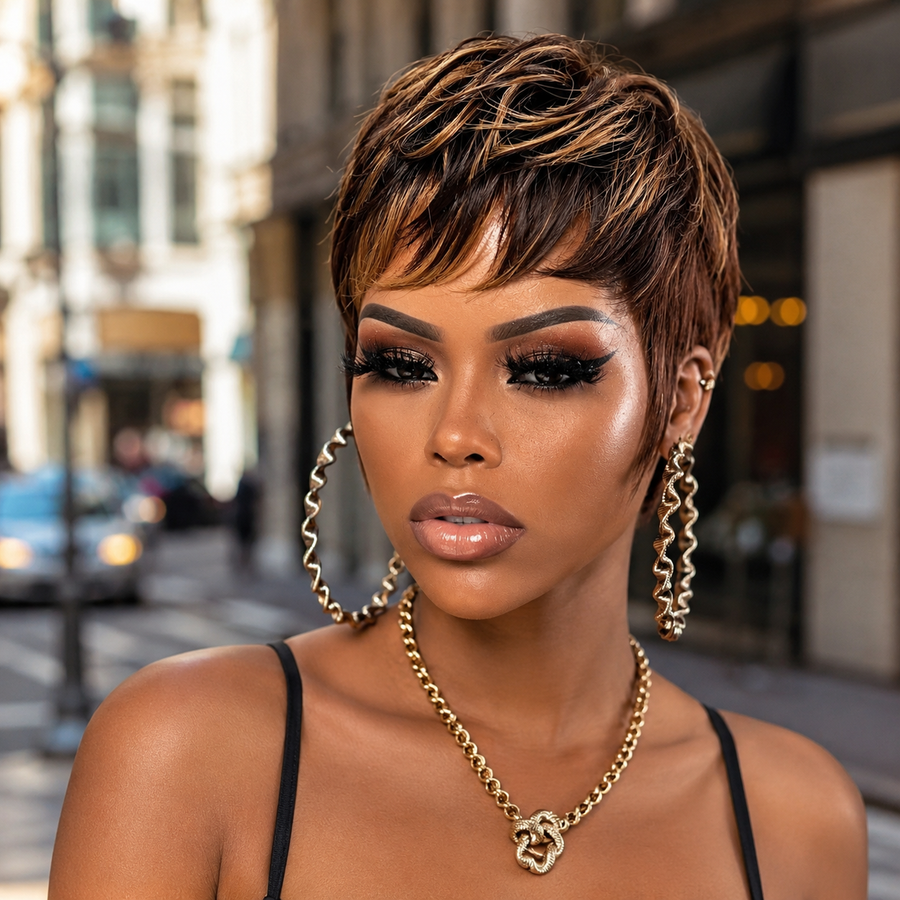 Brown number 33 shaggy mullet pixie wig with bangs